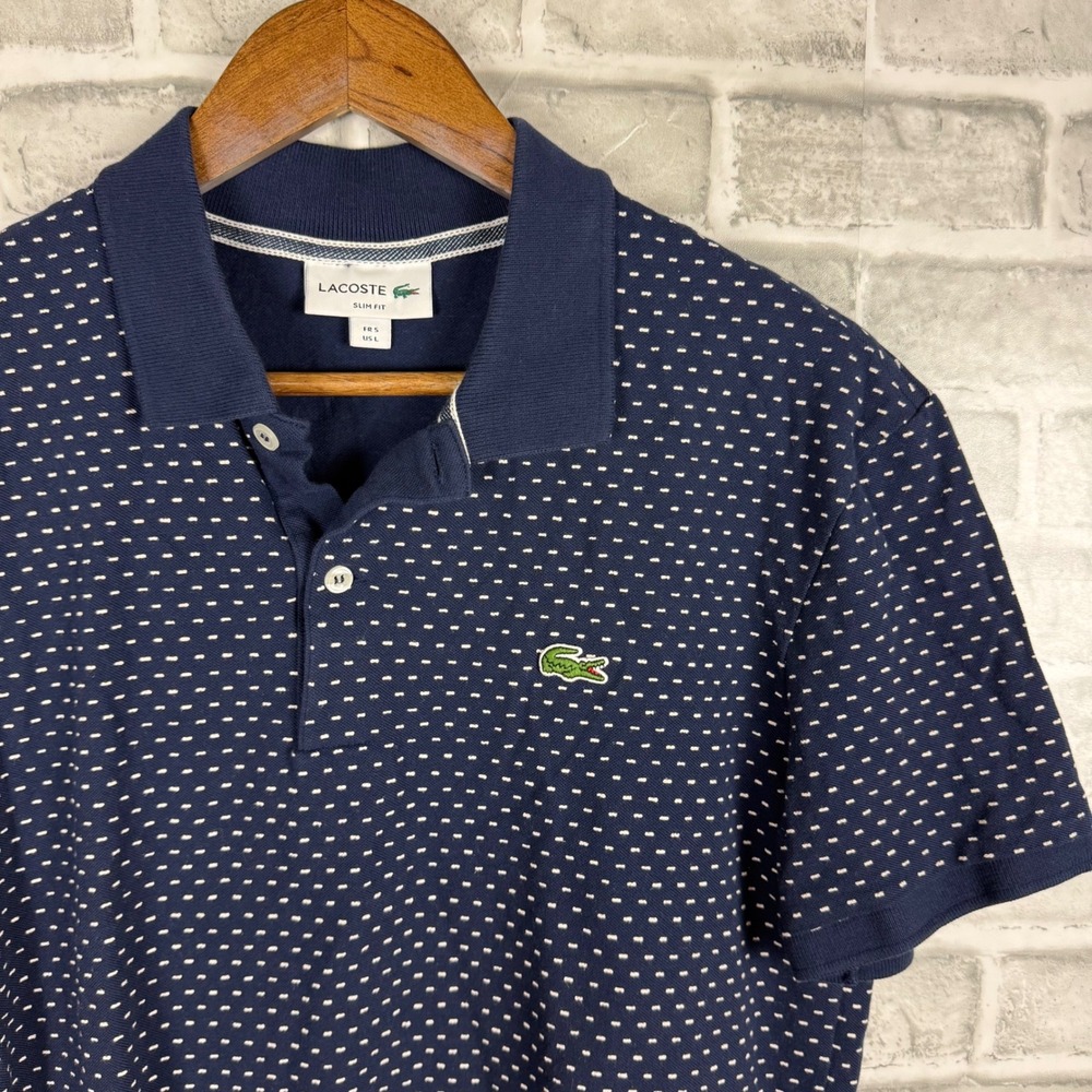 Lacoste Mens Slim Fit Navy Blue White Micro Dot Pique Polo Shirt Size US L FR 5